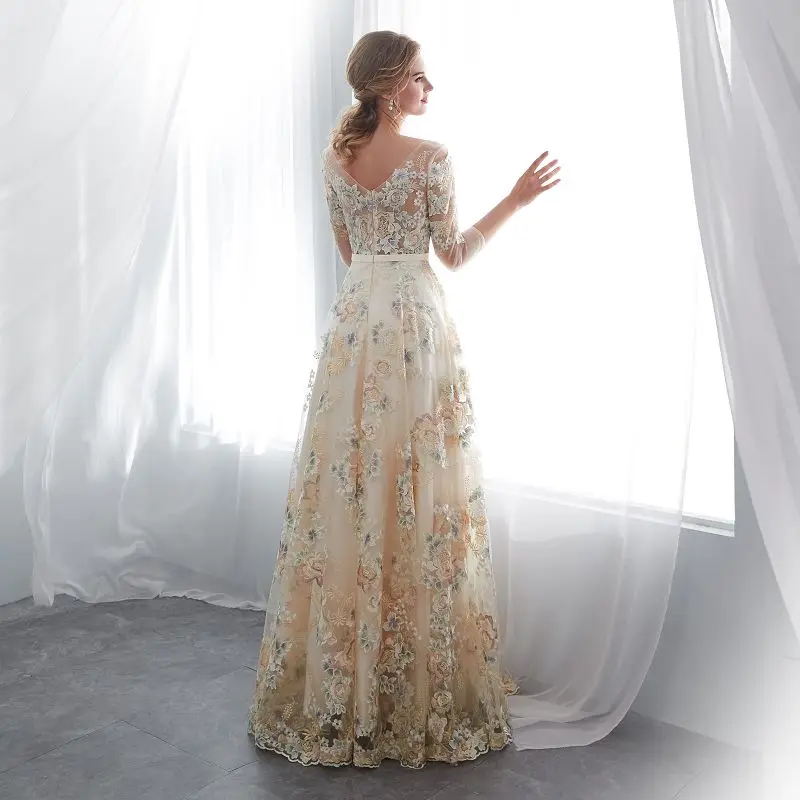 Sexy illusion Evening Dresses Long Formal party Elegant embroidery flower prom gowns 3 quarter sleeve Evening Dresses tulle Sexy illusion Evening Dresses Long Formal party Elegant embroidery flower prom gowns 3 quarter sleeve Evening Dresses tulle