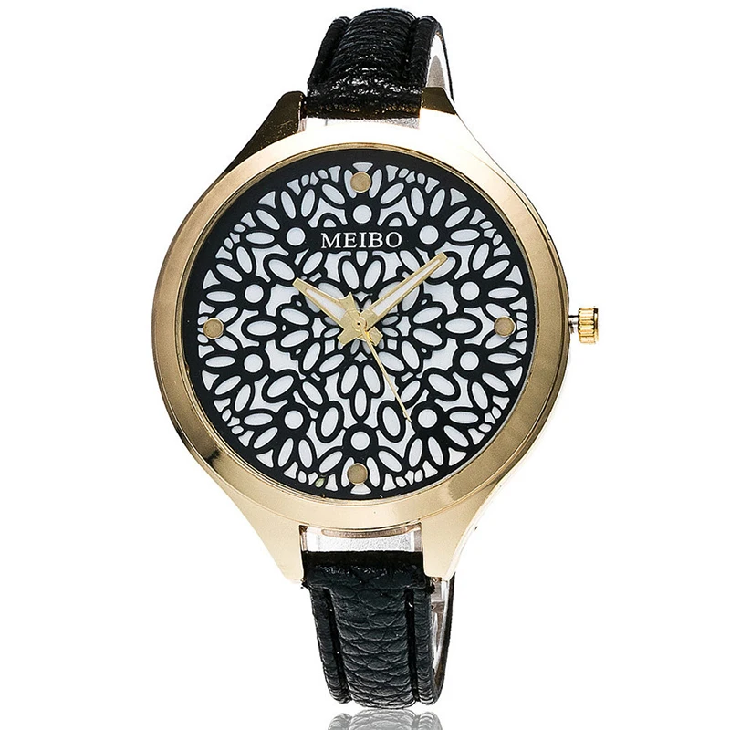 

MEIBO Fashion Women Hollow Flower Wristwatch Luxury Leather Strap Quartz Watch Female watch Gift