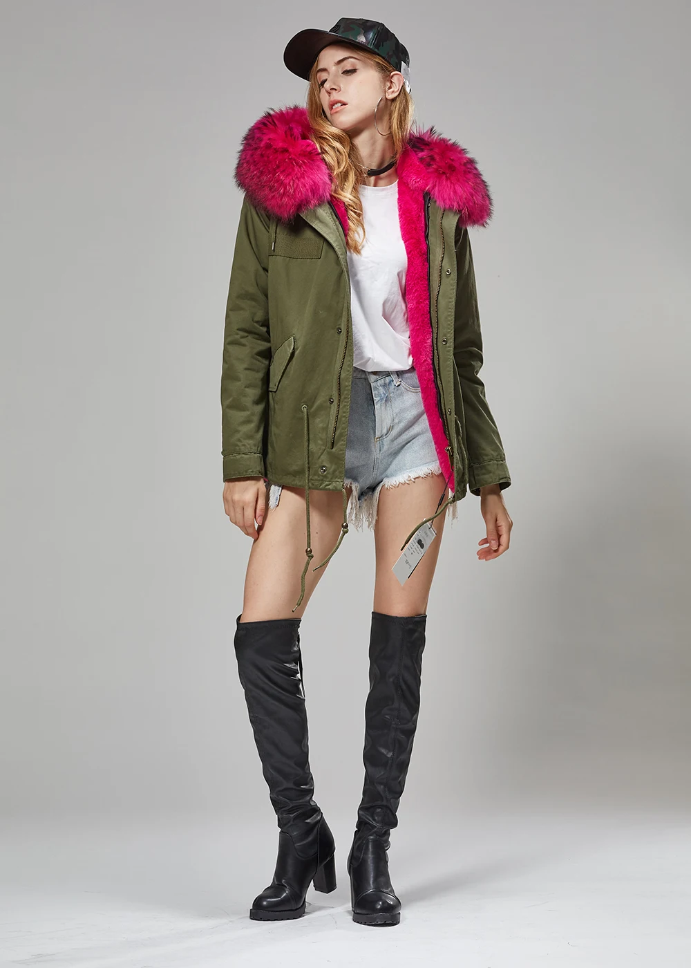 MAO MAO KONG 100% Real Raccoon Fur Collar winter fur coat Women camouflage black parkas & cotton faux fur coat jacket