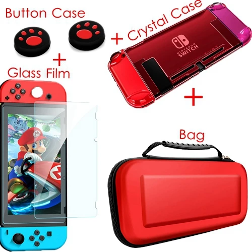 Для nintendo Switch Case Хрустальная жесткая Защитная крышка съемная Coque ультра тонкая сумка для nintendo 64 консоль NS NX чехол - Цвет: 4Kit 3-Red