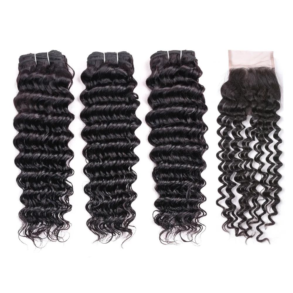 Brazilian Deep Wave Bundles with Closure Human Hair 3 Curly Weave | Шиньоны и парики