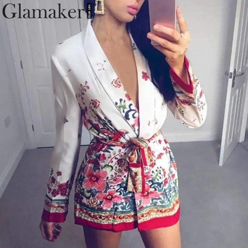 

Glamaker Floral print lace up belt sexy kimono blouse Women summer long sleeve blouse shirt Female elegant holiday casual shirts