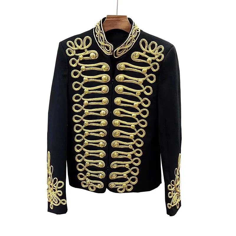 M-4XL Men blazer black golden embroidery coat Jacket Bar Male DJ Singer Slim Coat Stage Costume Plus Size