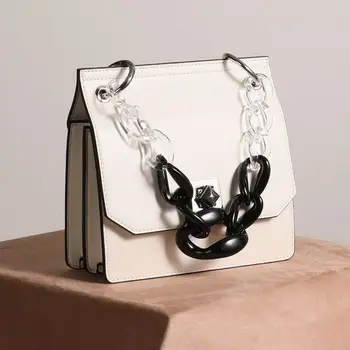 

WONAM Women Fashion Handbag Top Hide Genuine Calf Leather Acrylic Chain Top Handle Shoulder Flap Bag WB979