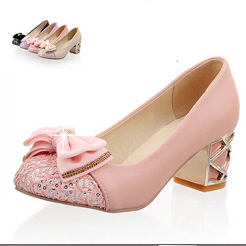 

Female Mesh 1.96" Plus size 35-43 Round toe Square high heels Floral Bow Diamond Women Pumps Princess Dating Party Wedding Shoes