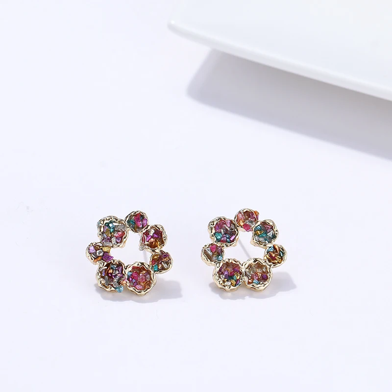 Yhpup Trendy Korean Flower Geometric Stud Earrings Natural Colorful Crushed Stone S925 Brincos for Girl Women Party Jewelry Gift