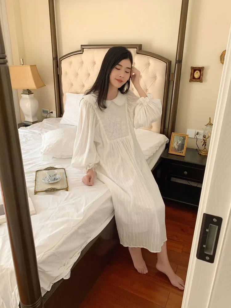 Винтажные белые хлопковые женские длинные ночные рубашки с вышивкой, милые пижамы с цветочным принтом, элегантные женские ночные платья на весну и осень