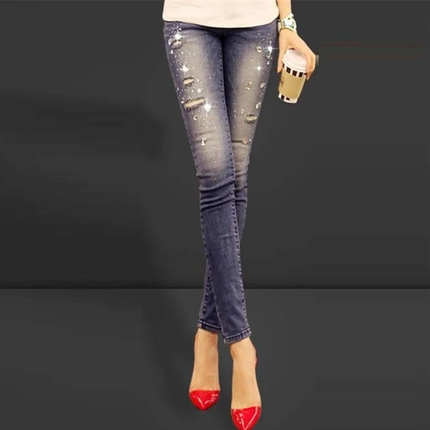 

New 2019 Blue ripped women jeans long Slim Fit denim pants diamonds rhinestones holes skinny pants stretch lady jeans Women