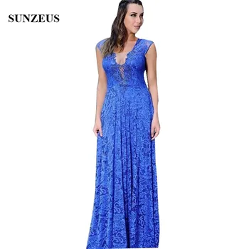 

Vintage Lace Mother Of Bride Dress 2020 Royal Blue Long Women Party Dress With Beads A-line Cap Sleeves Formal Gowns