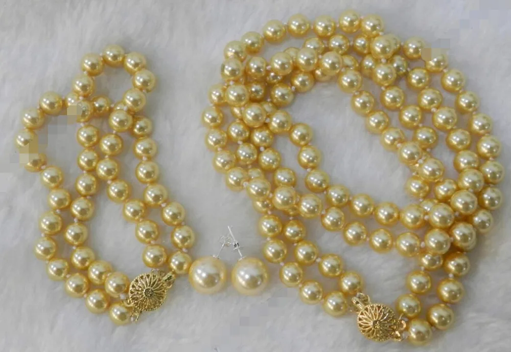 

Free shipping 570 2 Rows Gold 8mm Sea Shell Pearl Necklace Bracelet, 12MM BIG Earring Set AAA