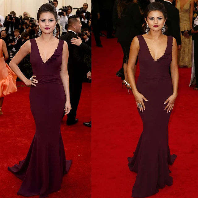 Y Inspired Selena Gomez Met Gala Celebrity Red Carpet Evening Y Inspired Selena Gomez Met Gala Celebrity Red Carpet Evening Dresses Mermaid V Neck Burgundy