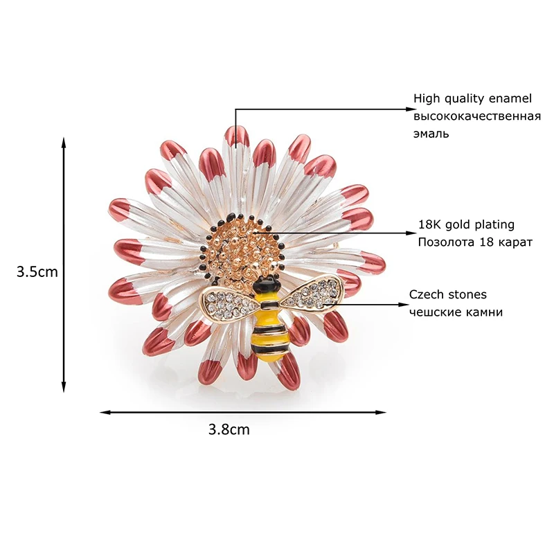 Женская/мужская брошь в виде цветка Wuli&baby, желтая эмалированная брошь в форме цветка маргаритки с пчелой, из металлического сплава, со стразами, подарок для вечеринки
