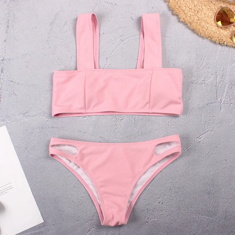 

Sexy Bikini 2019 Swimsuit Textured Swimwear Women Push Up Bikini Set Ladies Cut Bottom Swimming Bathing Suit Wide Band Biquini