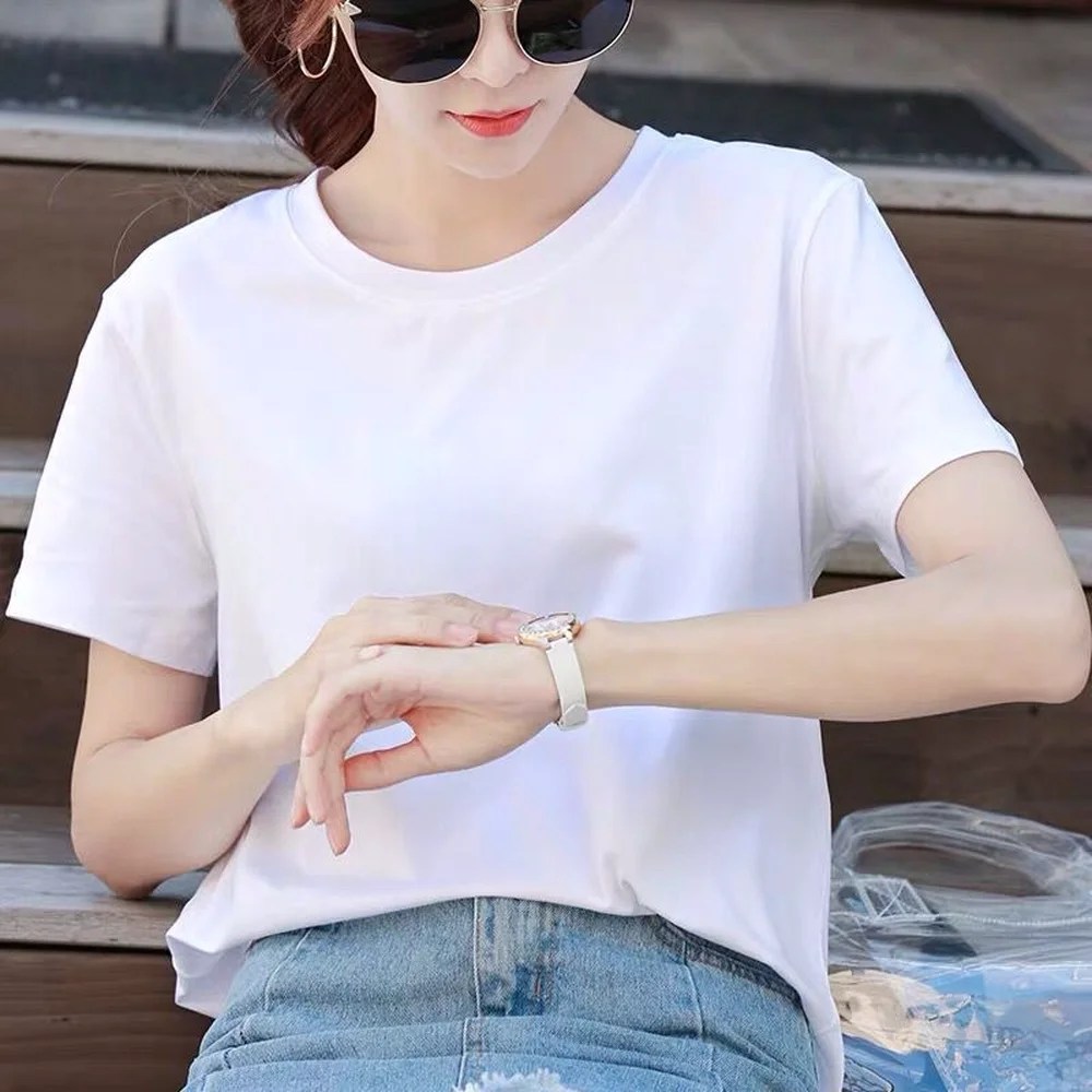 

2019 summer new Korean version of the round neck pullover pure white t-shirt female short-sleeved loose thin cotton shirt