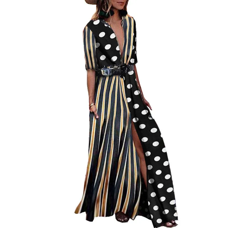 

Autumn Turn-Down Collar Print Dot Striped Long Dress Split Sashes Shirt Dresses Boho Half Sleeve Loose Dress Vestido
