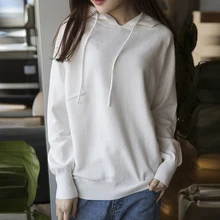 2019 Spring and Autumn New Loose Knit Pullover Quality Hooded Women Cashmere Sweater Solid Color Hooded Wool Sweater Coat D190