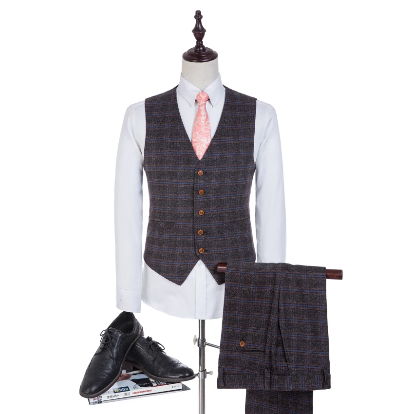 Herringbone 100% Wool Suits Plaid Men 3 Piece Suits Tailored Blazer (Jacket+Pants+Vest)