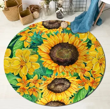 

Watercolor Sunflowers Round Carpets for Baby Children's Home Living Room Cushion Area Rugs Bedroom Non-Slip Floor Door Bath Mats