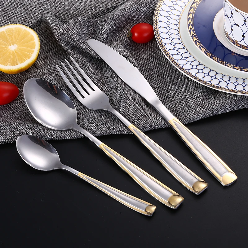 

24pcs Gold Plate Stainless Steel Cutlery Set Dinnerware Tableware Silverware Dinner Knife Fork Drop Shipping
