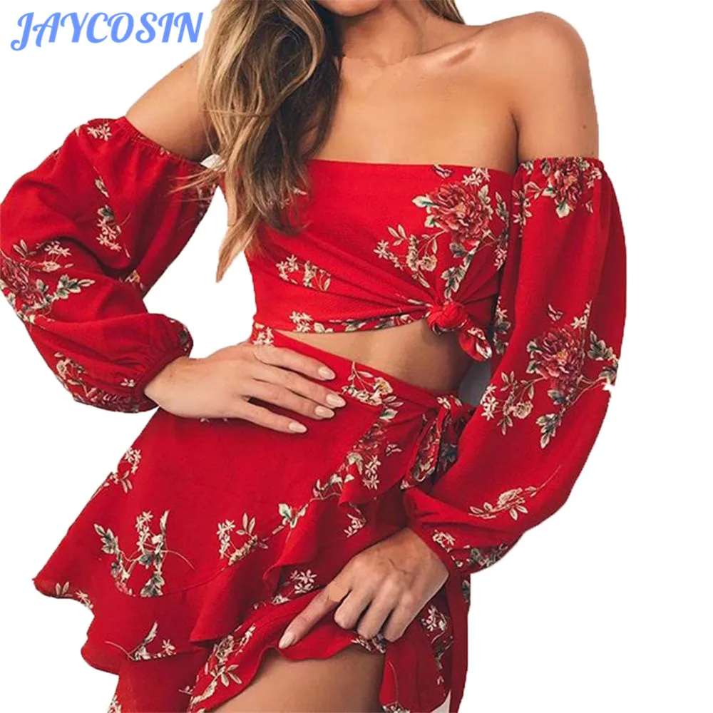 

JAYCOSIN Women Set Clothes Sexy Summer Long Sleve Floral Print Two Piece Set Strapless Off Shoulder Blouse Tops+Print Skirt Suit