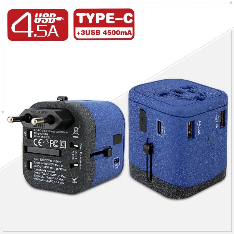 Универсальный дорожный переходник с разъемами usb type C 4.5A и EU US UK US для всех стран CE. ROHS. FCC утвержден 166C