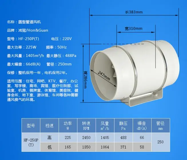 10 дюймов Встроенный воздуховод пластиковая вентиляционная труба вытяжка потолочный вытяжной вентилятор 220 В воздухованный вентилятор турбо вентилятор