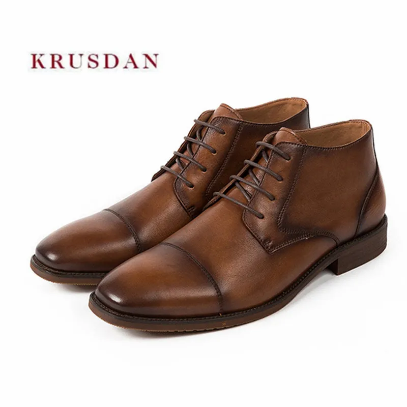 Брендовые коричневые модные мужские ботинки KRUSDAN зимние короткие из натуральной