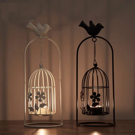 

Creative hanging bird stand top chain hanging bird cage wrought iron candlestick romantic European style wind lamp home decorati