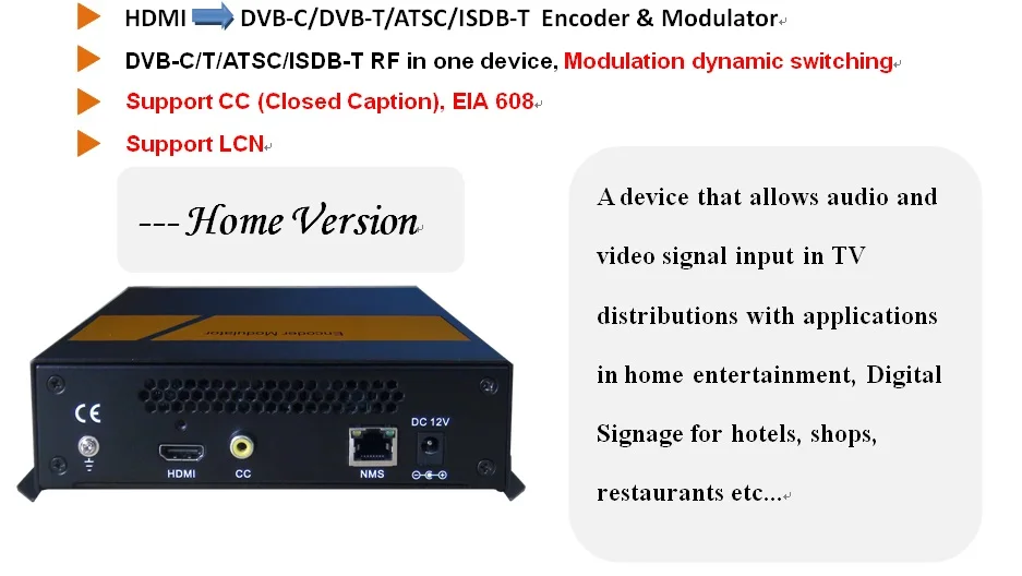 Гостиничная ТВ система распределительная HDMI на DVB C/DVB T/ATSC/ISDB T модулятор с CC|tv
