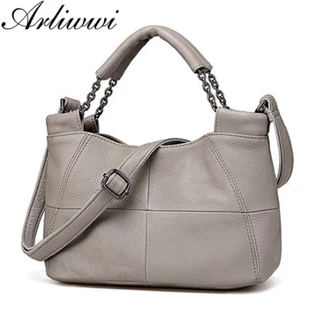 

Arliwwi Brand Soft Genuine Leather Women Elegant Tote Handbags Fashion New Real Cowhide Lady's Patched Designer Chain Bags