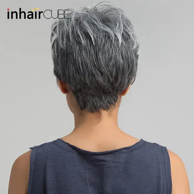 Us 14 8 40 Off Esin Kurze Haare Perucke Pixie Cut Licht Grau Haar Perucke Ombre Highlights Seite Pony Synthetische Kurze Gerade Perucke Fur Frauen 2