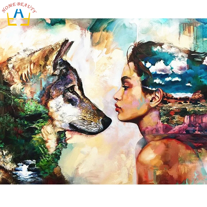 

Painting calligraphy decorative acrylic drawing brush painting by numbers Modular canvas picture by numbers lady and wolf R132