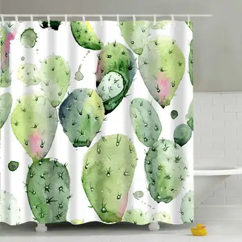 

2019 New Green Tropical Plants Shower Curtain For Bathroom Cactus Print Waterproof Bathtub Curtains New