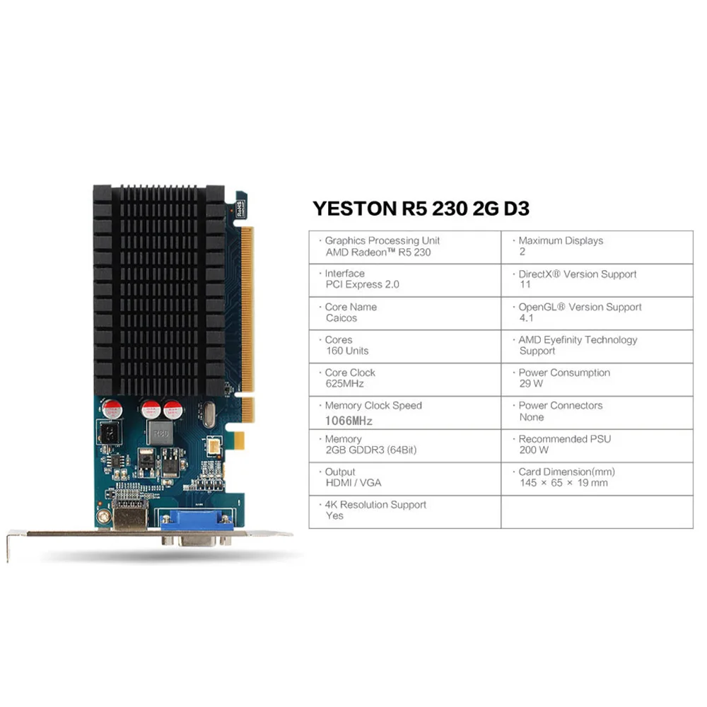Yeston Radeon R5 230 GPU 2 Гб GDDR3 64 бит игровой настольный компьютер ПК видеокарты Поддержка