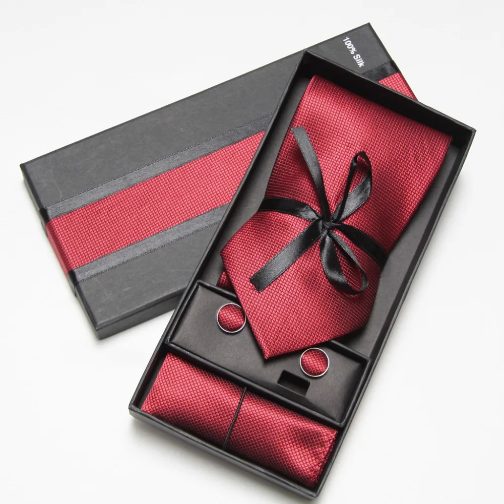 Men Tie Sets Neck Tie Hankerchiefs Cufflinks 10 colours Box gift polyester handmade