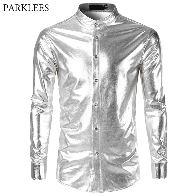 2018 Shiny Tuxedo Shirt Men Stand Collar Slim Fit Silver Mens Dress ...