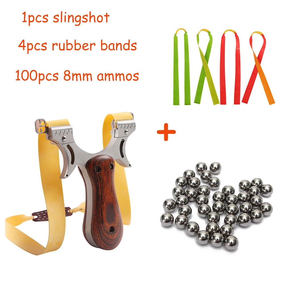 

Stainless Steel Slingshot Catapult For Hunting 5 Points Aiming Powerful Slingshot Hunting Wooden Riser with Flat Rubber Band