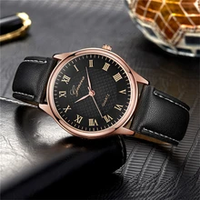 Relojes de marca de lujo para Hombre, Reloj de pulsera con correa de cuero estilo Vintage para Hombre, esfera con números romanos, carcasa de oro rosa, Reloj para Hombre