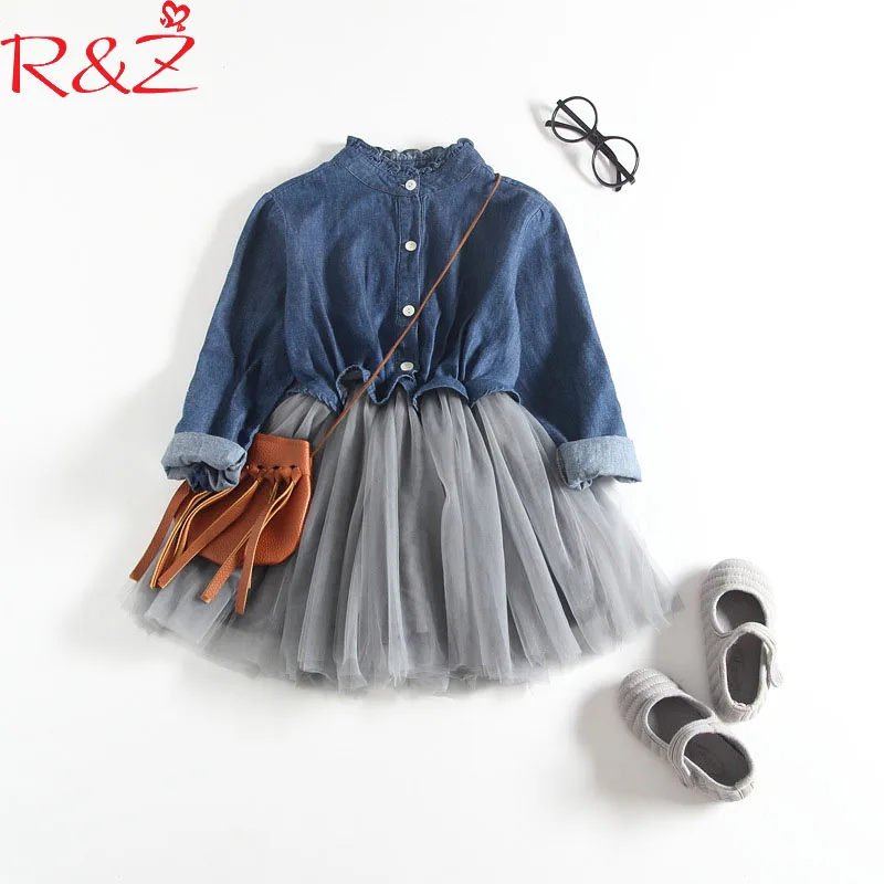 R&ampZ New 2018 Spring Autumn Baby Girl Dress Denim Mesh Patchwork Princess Long Sleeve Toddler Kids Dresses for Girls | Детская одежда