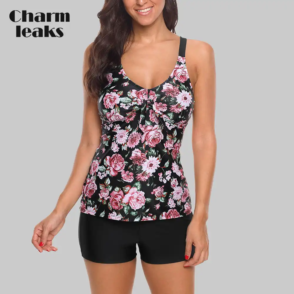 Charmleaks Tankini Set Women Swimsuits Retro Floral Print Swimwear