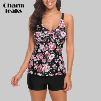 

Charmleaks Tankini Set Women Swimwear Vintage Floral Print Swimsuit Tie Front Swimwear Bikini Bathing Suit Beach Wear