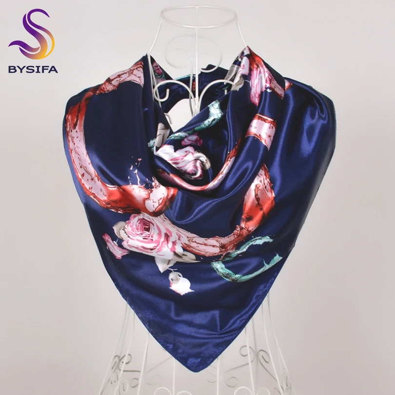 

[BYSIFA] Navy Blue Women Letters Silk Scarf Shawl Fashion Accessories Satin Square Scarves Wraps Spring Fall Headscarf Kerchief