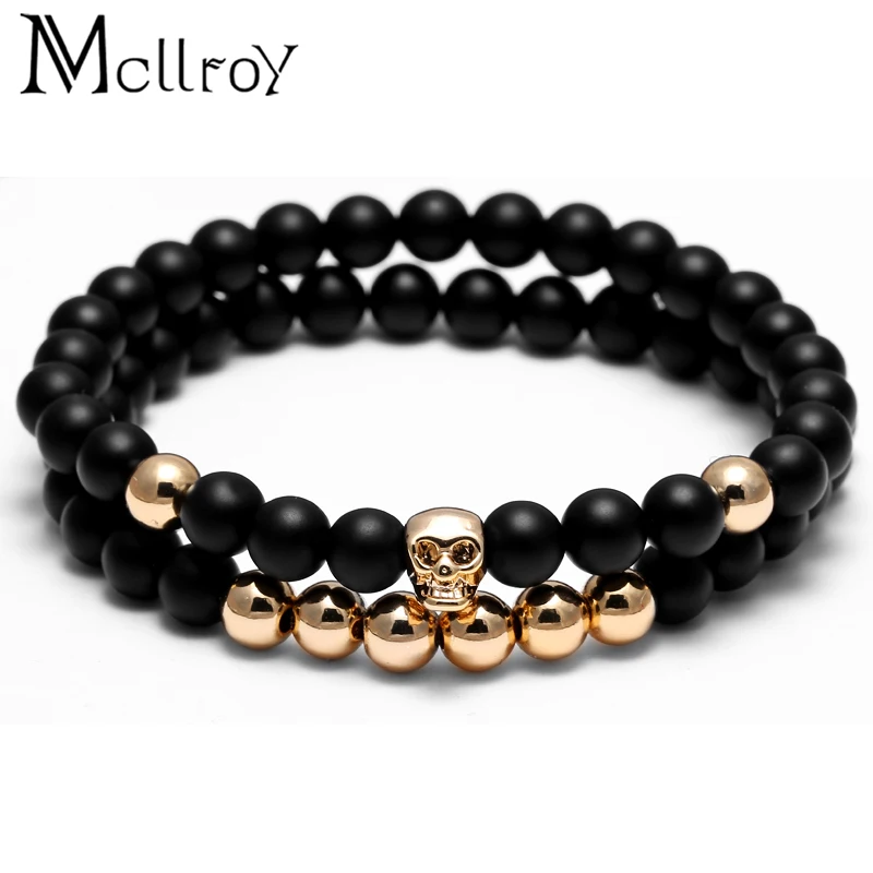 Mcllroy 2Pcs Natural Stone Buddha Charm Bracelets Skull Golde Beads Bracelets For Women Men Jewelry Cool Yoga Bracelets bileklik
