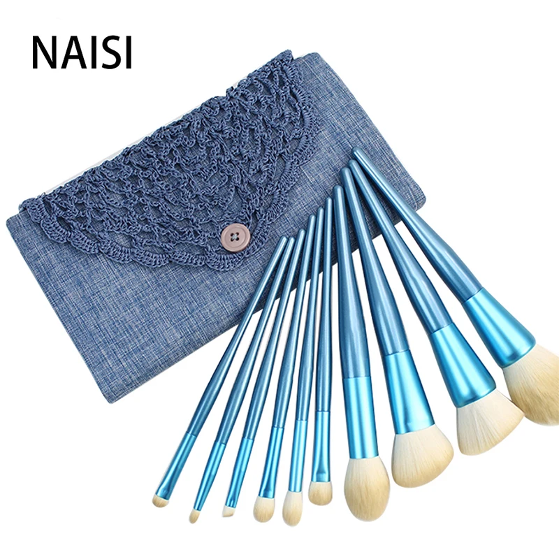 

Naisi 10pcs Makeup Brushes Set Professional Cosmetic Powder Eyeshadow Contour Foundation Make Up Brush Kit goat Hair