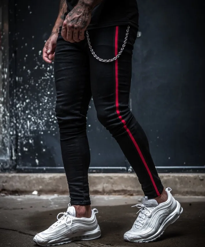Мужские джинсы из джинсовой ткани, черные джинсы, тонкие мужские Модные джинсы в стиле хип-хоп, узкие джинсы-карандаш для мужчин, высокие уличные джинсы-стрейч в стиле пэчворк для мужчин - Цвет: Black