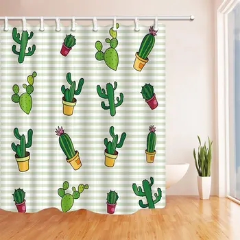 

Cactus Shower Curtain,With Grey Stripe Background, Fabric Bathroom Decor Set
