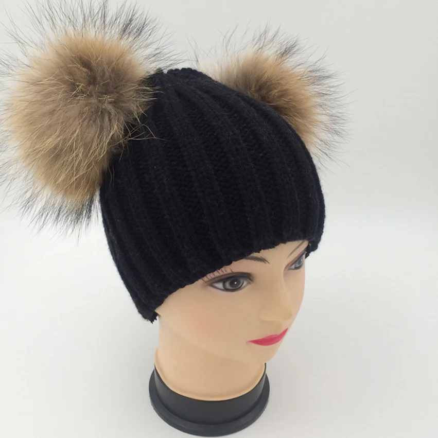 แฟชั่นถักหมวกสีทึบยืดหมวกหมวกสำหรับผู้หญิงหนังF Aux Pom Softอบอุ่นหมวก