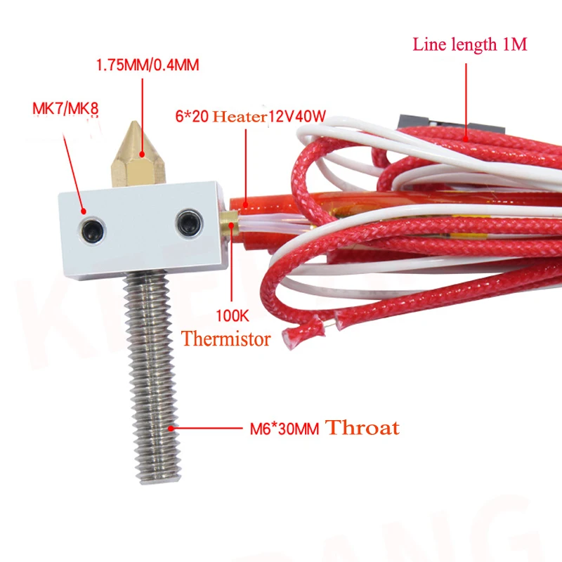 Kee Pang MK8 экструдер Горячий Конец комплект DIY Горячий Конец+ нагреватель картридж алюминиевый тепловой блок для 3d принтер части 1,75 мм 0,4 мм