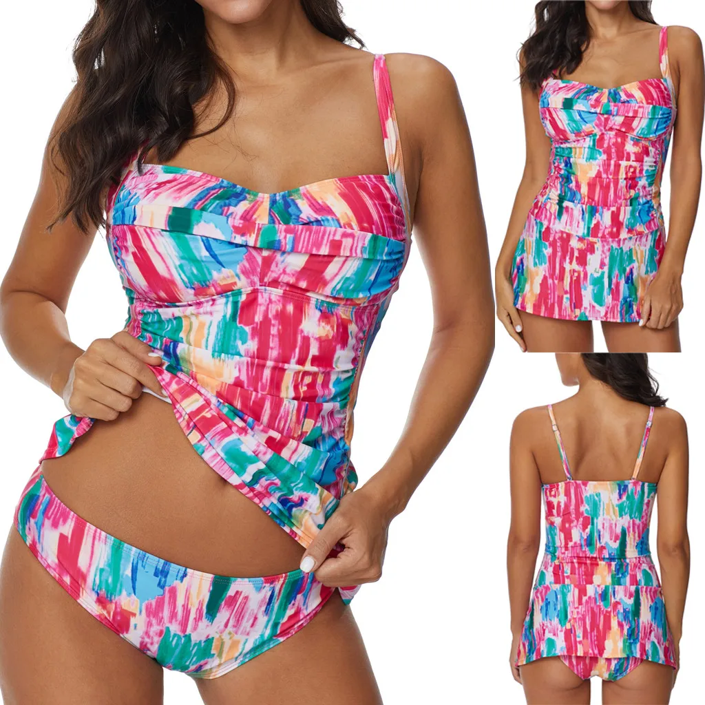 

plus size Women badpak Tankini Sets Spaghtti Strap Dress with Boy Shorts Ladies Swimming Costumes Two Piece Swimsuits