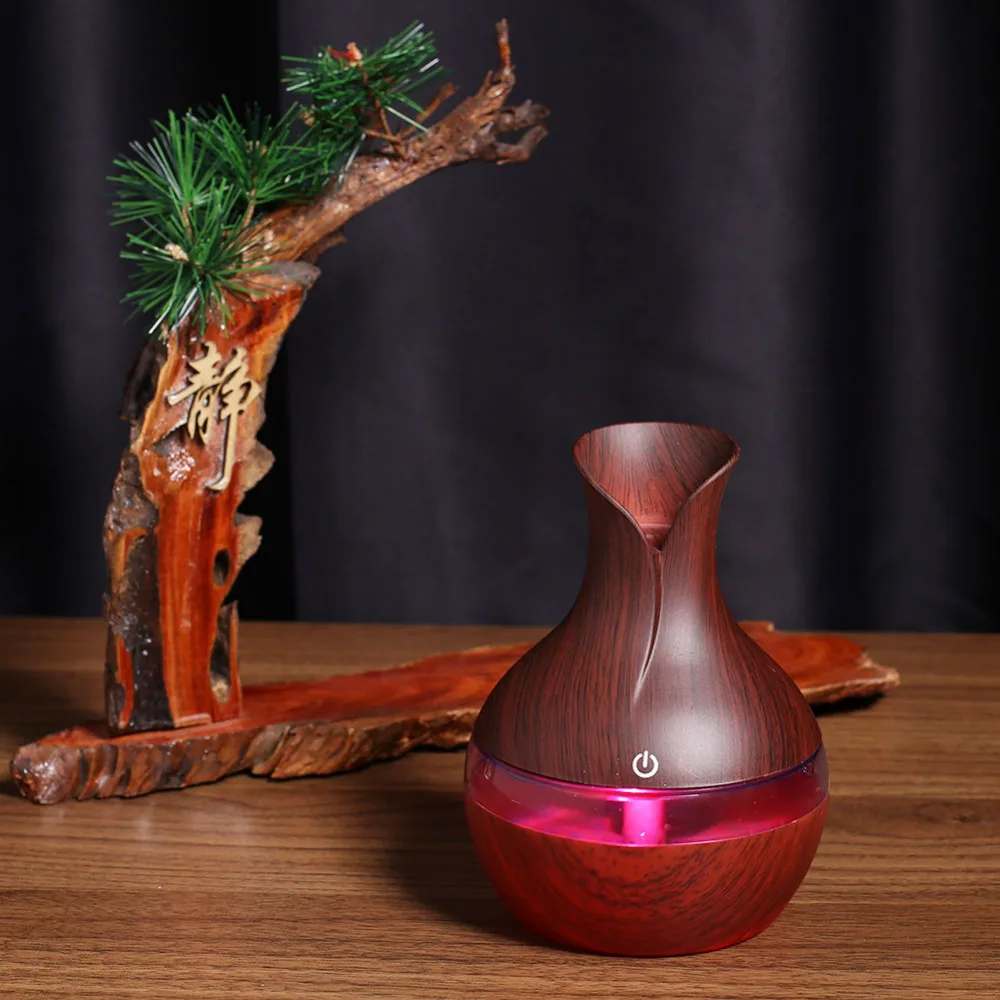 

USB 300ml Humidifier Purifier Wood Grain LED Aroma Essential Oil Diffuser Mist Maker LED Night light for Office Home 7 Color Led